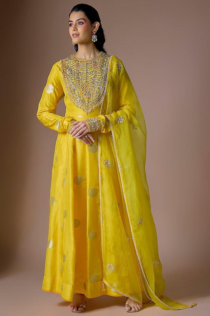 Yellow Silk Brocade Zardosi Hand Embroidered Wedding Anarkali Set by Shyam Narayan Prasad at Pernia's Pop Up Shop