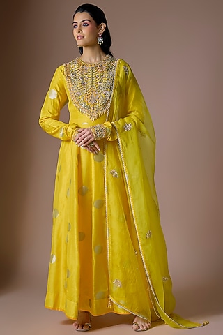 Yellow Silk Brocade Zardosi Hand Embroidered Anarkali Set by Shyam Narayan Prasad