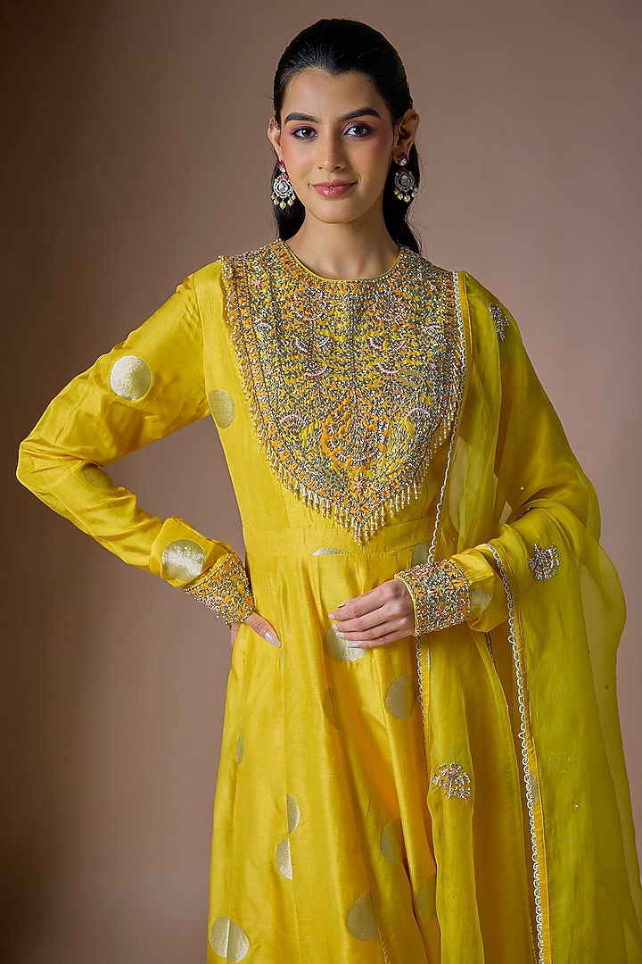 Yellow Silk Brocade Zardosi Hand Embroidered Wedding Anarkali Set by Shyam Narayan Prasad at Pernia's Pop Up Shop