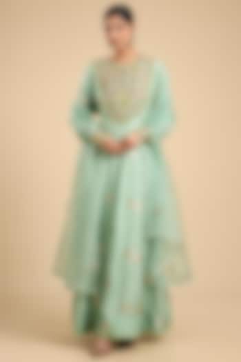 Bay Green Silk Brocade Hand Embroidered Wedding Anarkali Set by Shyam Narayan Prasad at Pernia's Pop Up Shop