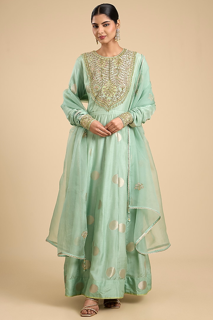 Bay Green Silk Brocade Hand Embroidered Wedding Anarkali Set by Shyam Narayan Prasad at Pernia's Pop Up Shop