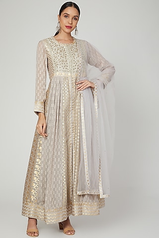 Grey Embroidered Anarkali Set by Shyam Narayan Prasad