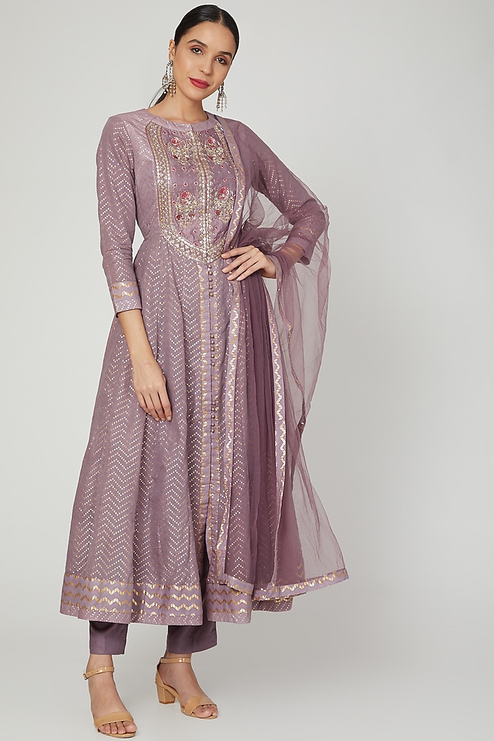 Wine Embroidered Anarkali Set by Shyam Narayan Prasad