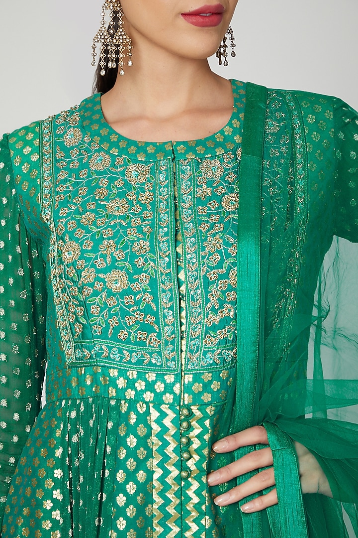 Bottle Green Embroidered Wedding Anarkali Set by Shyam Narayan Prasad at Pernia's Pop Up Shop