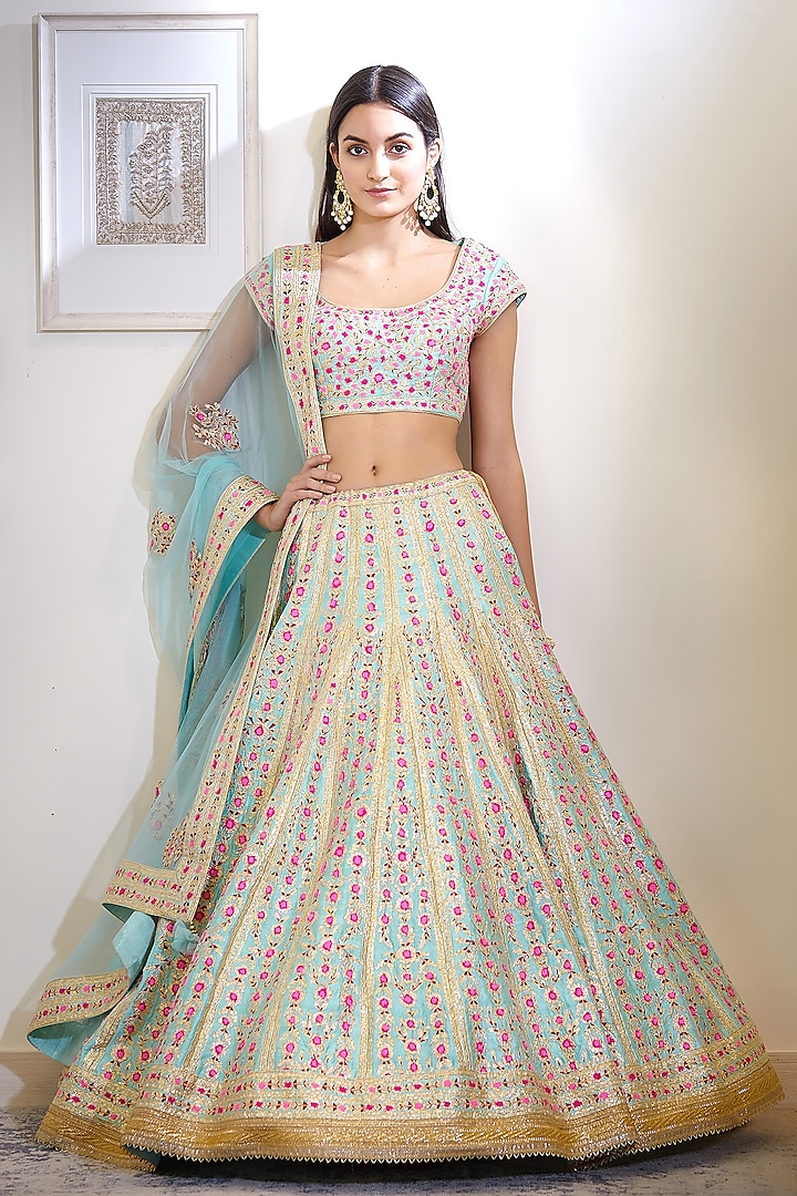 Blue Embroidered Wedding Lehenga Set by Shyam Narayan Prasad at Pernia's Pop Up Shop