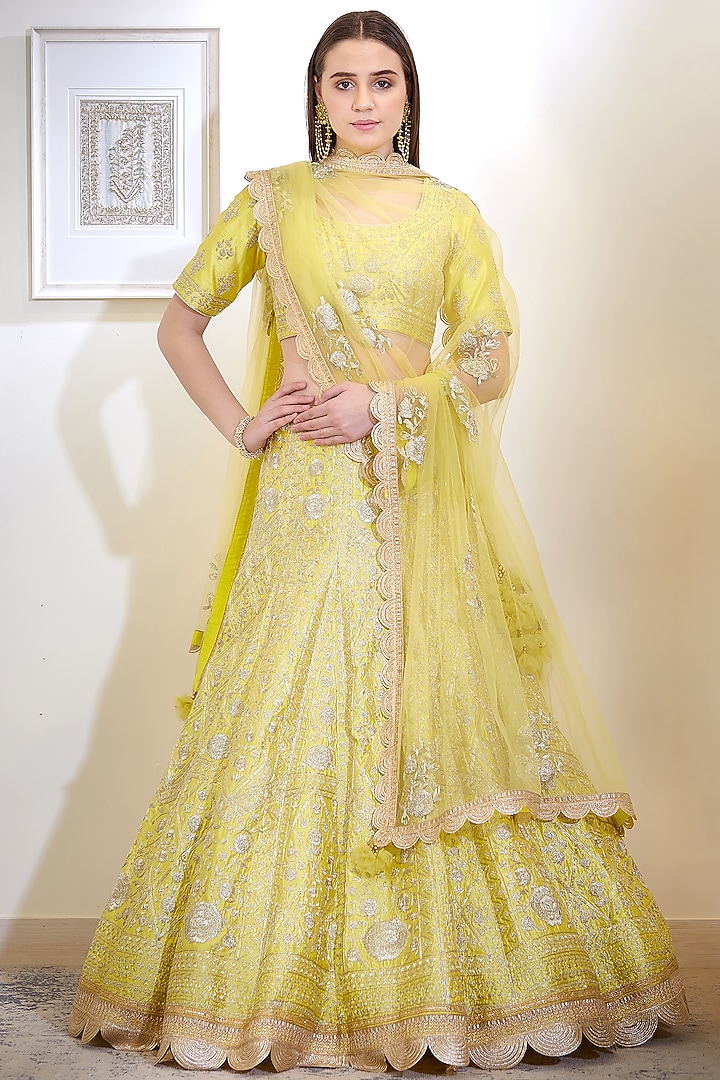 Yellow Embroidered Wedding Lehenga Set by Shyam Narayan Prasad at Pernia's Pop Up Shop