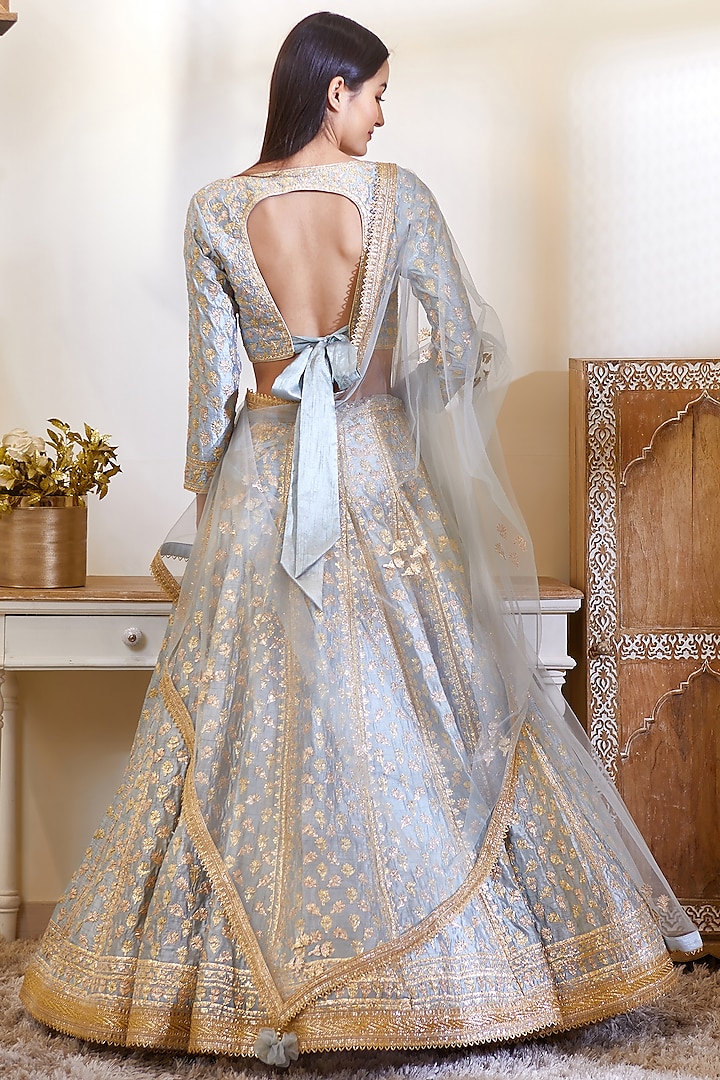 Smoke Blue Embroidered Wedding Lehenga Set by Shyam Narayan Prasad at Pernia's Pop Up Shop
