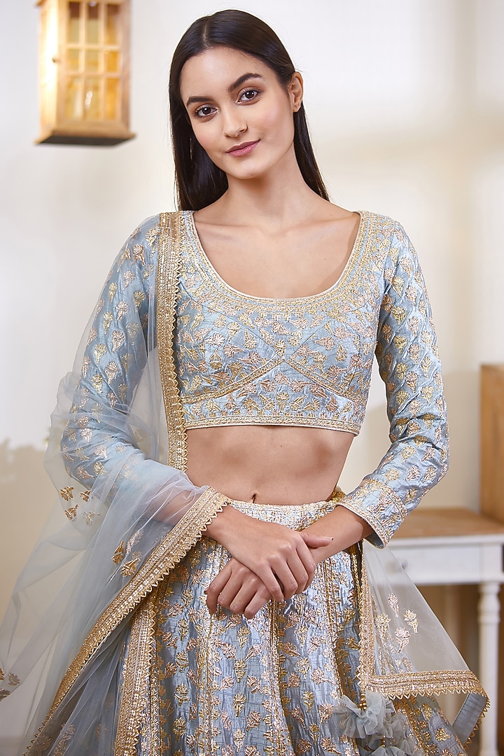 Smoke Blue Embroidered Wedding Lehenga Set by Shyam Narayan Prasad at Pernia's Pop Up Shop