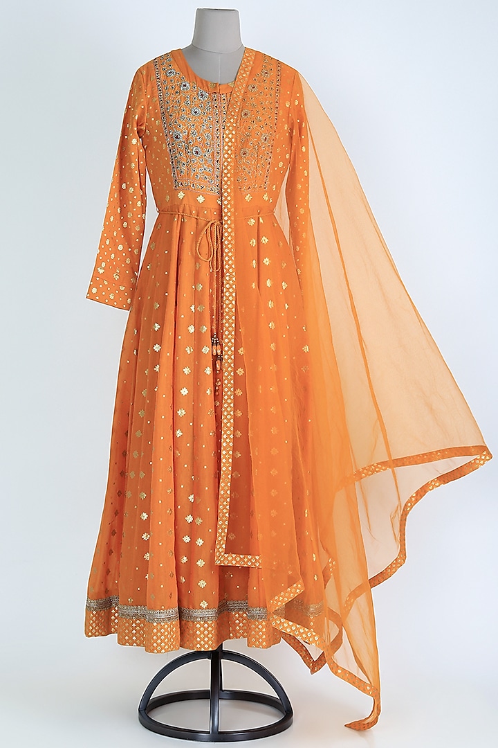 Orange Embroidered Anarkali Set by Shyam Narayan Prasad at Pernia's Pop Up Shop