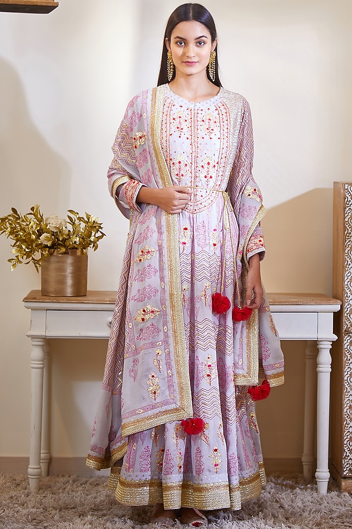 Mauve Printed & Embroidered Anarkali Set by Shyam Narayan Prasad at Pernia's Pop Up Shop