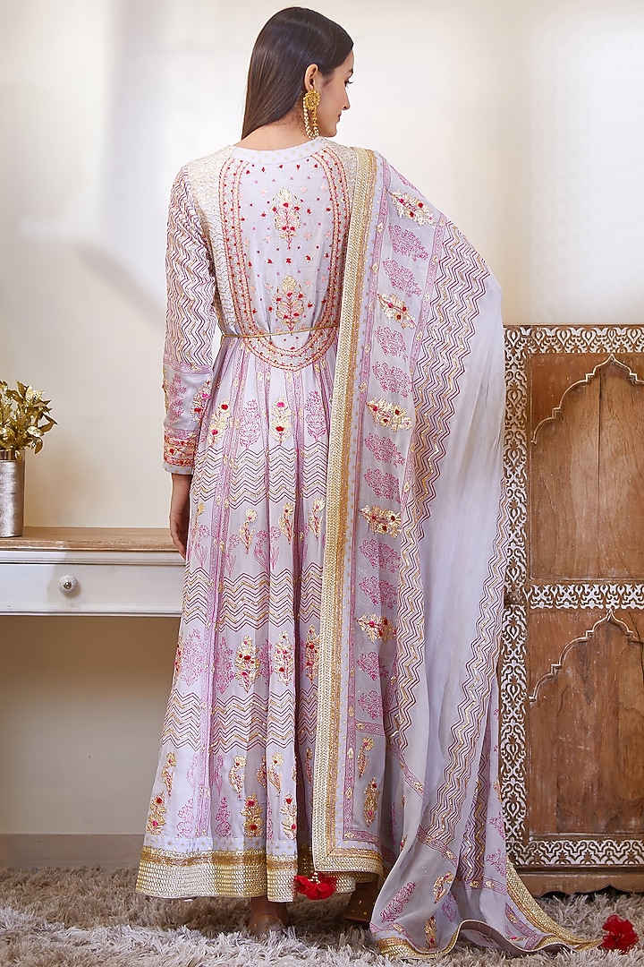 Mauve Printed & Embroidered Wedding Anarkali Set by Shyam Narayan Prasad at Pernia's Pop Up Shop