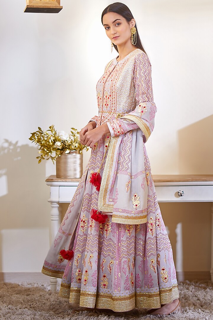 Mauve Printed & Embroidered Wedding Anarkali Set by Shyam Narayan Prasad at Pernia's Pop Up Shop