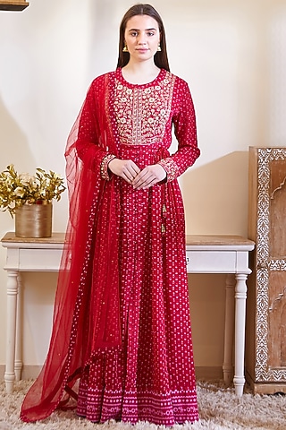 Maroon Embroidered Anarkali Set by Shyam Narayan Prasad