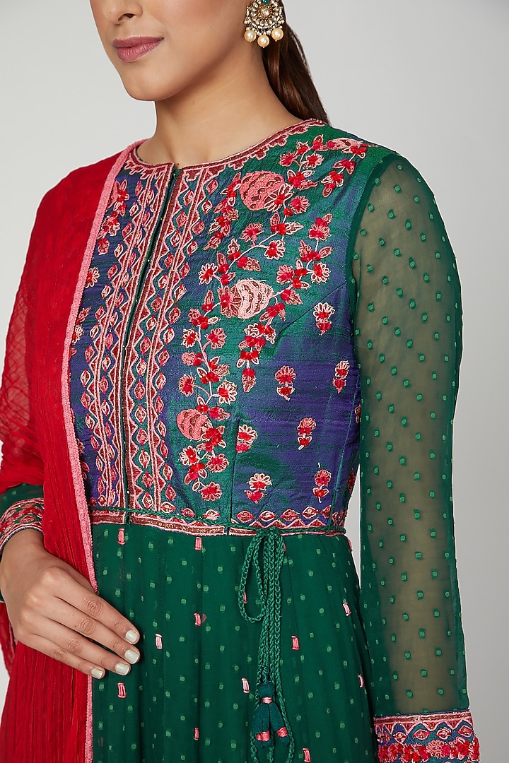 Bottle Green Thread Embroidered Wedding Anarkali Set by Shyam Narayan Prasad at Pernia's Pop Up Shop