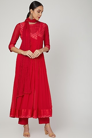 Red Brocade Angrakha Kurta Set by Shyam Narayan Prasad