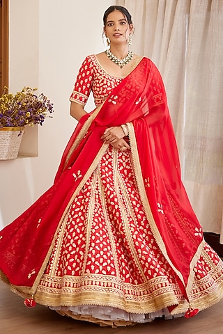 Red Maroon Embroidered Lehenga Set by Shyam Narayan Prasad