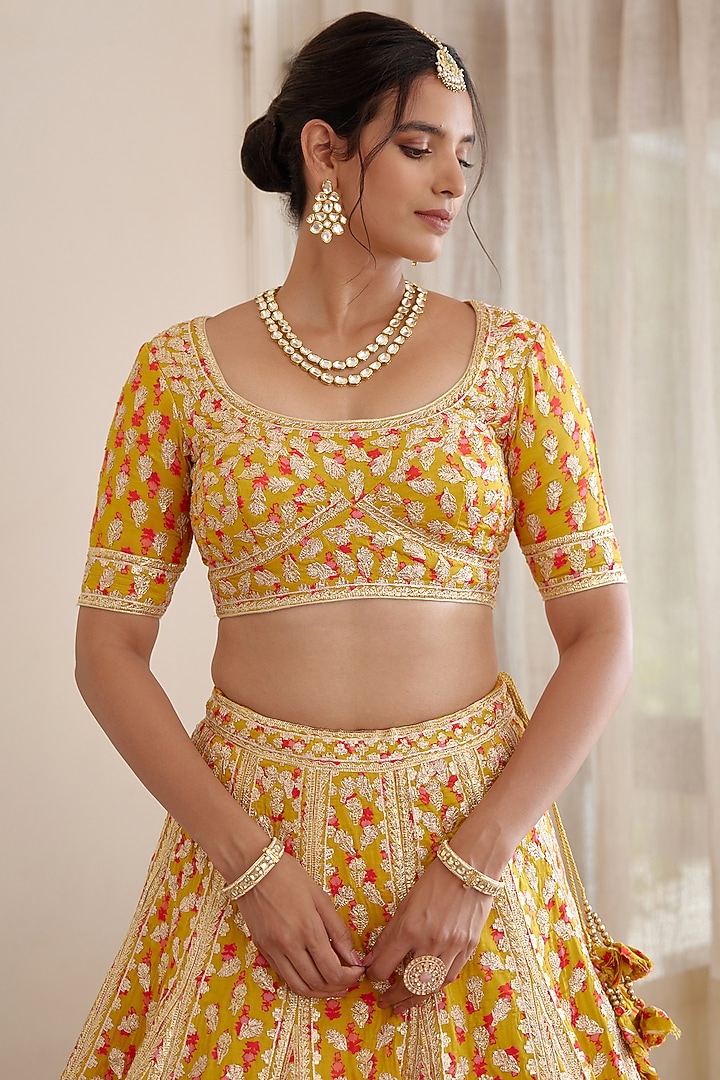 Mustard Yellow Embroidered Wedding Lehenga Set by Shyam Narayan Prasad at Pernia's Pop Up Shop