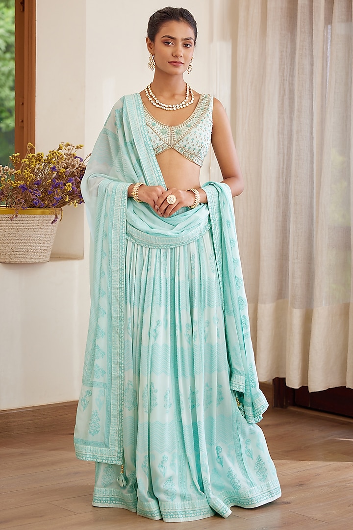 Ice Blue Block Printed Lehenga Set by Shyam Narayan Prasad