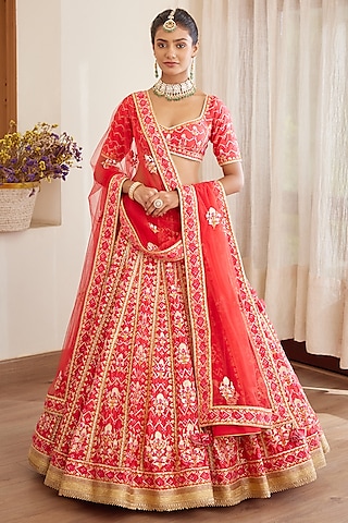 Red Embroidered Lehenga Set by Shyam Narayan Prasad