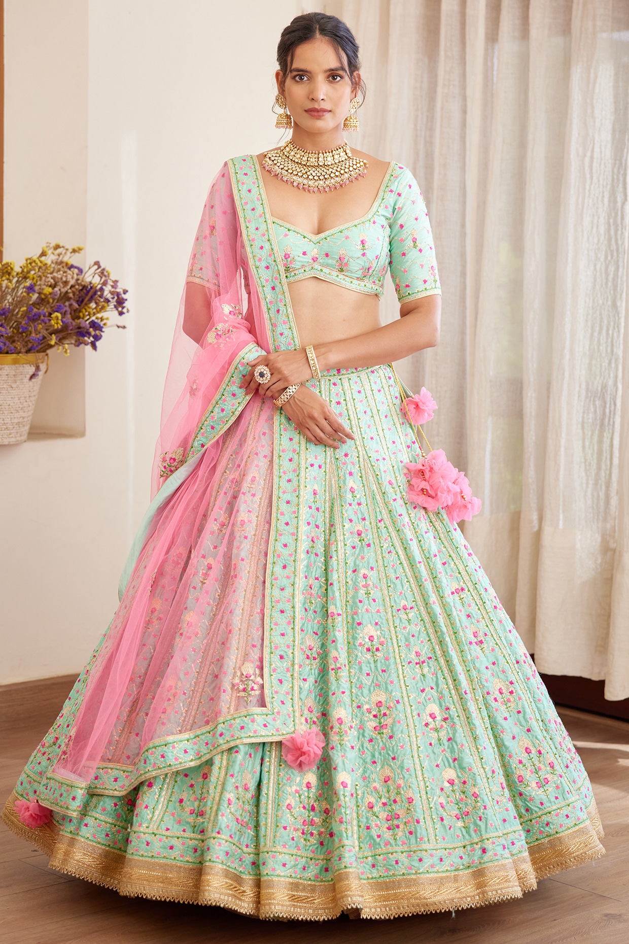 Buy Pink Ethnic Sea Green Georgette Semi-Stitched Lehenga and Unstitched  Blouse with Dupatta (Set of 3) online