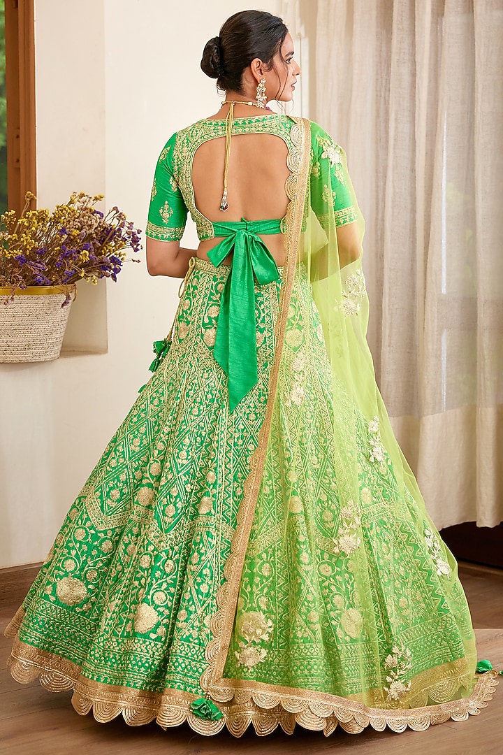 Green Zari Embroidered Wedding Lehenga Set by Shyam Narayan Prasad at Pernia's Pop Up Shop