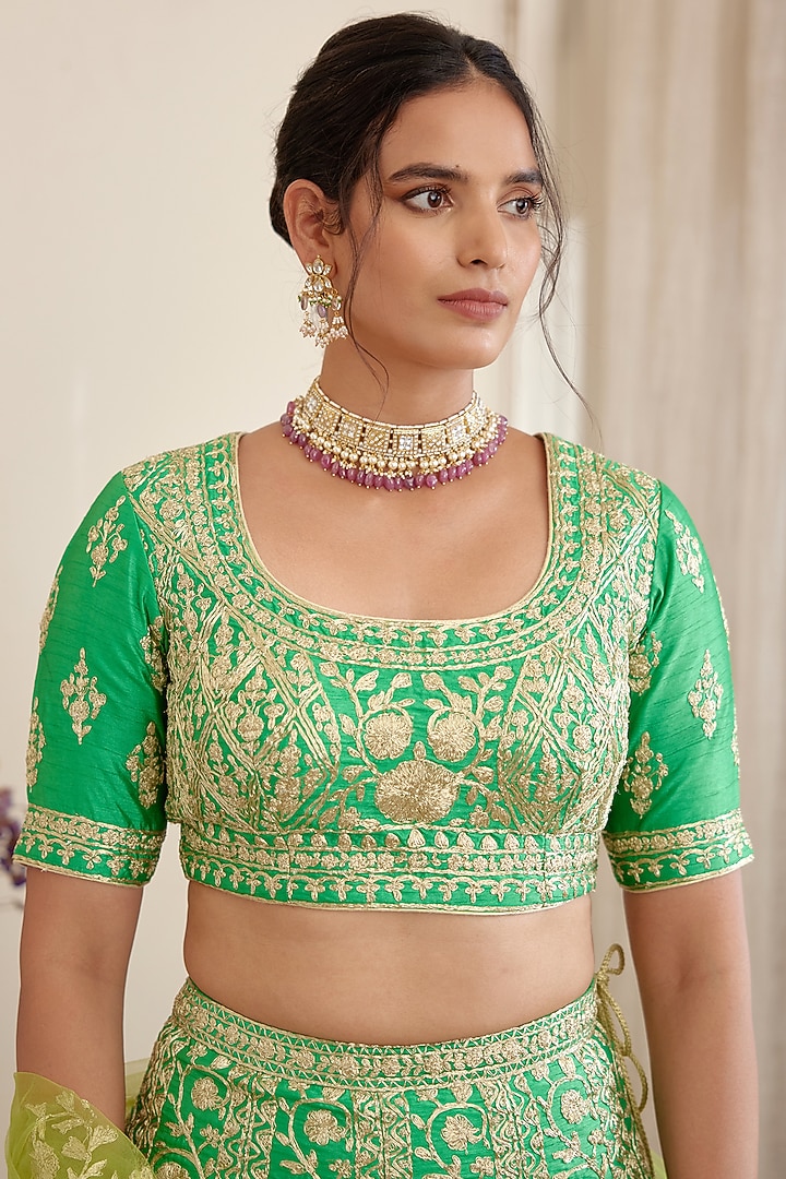 Green Zari Embroidered Wedding Lehenga Set by Shyam Narayan Prasad at Pernia's Pop Up Shop