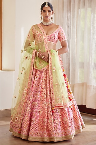 Coral Pink Embroidered Lehenga Set by Shyam Narayan Prasad