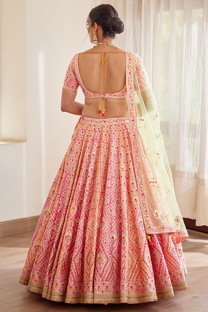 Coral Pink Embroidered Wedding Lehenga Set by Shyam Narayan Prasad at Pernia's Pop Up Shop