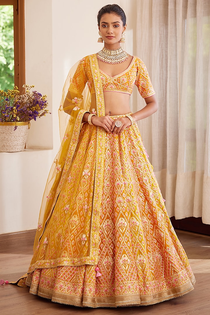 Yellow & Mustard Embroidered Wedding Lehenga Set by Shyam Narayan Prasad at Pernia's Pop Up Shop