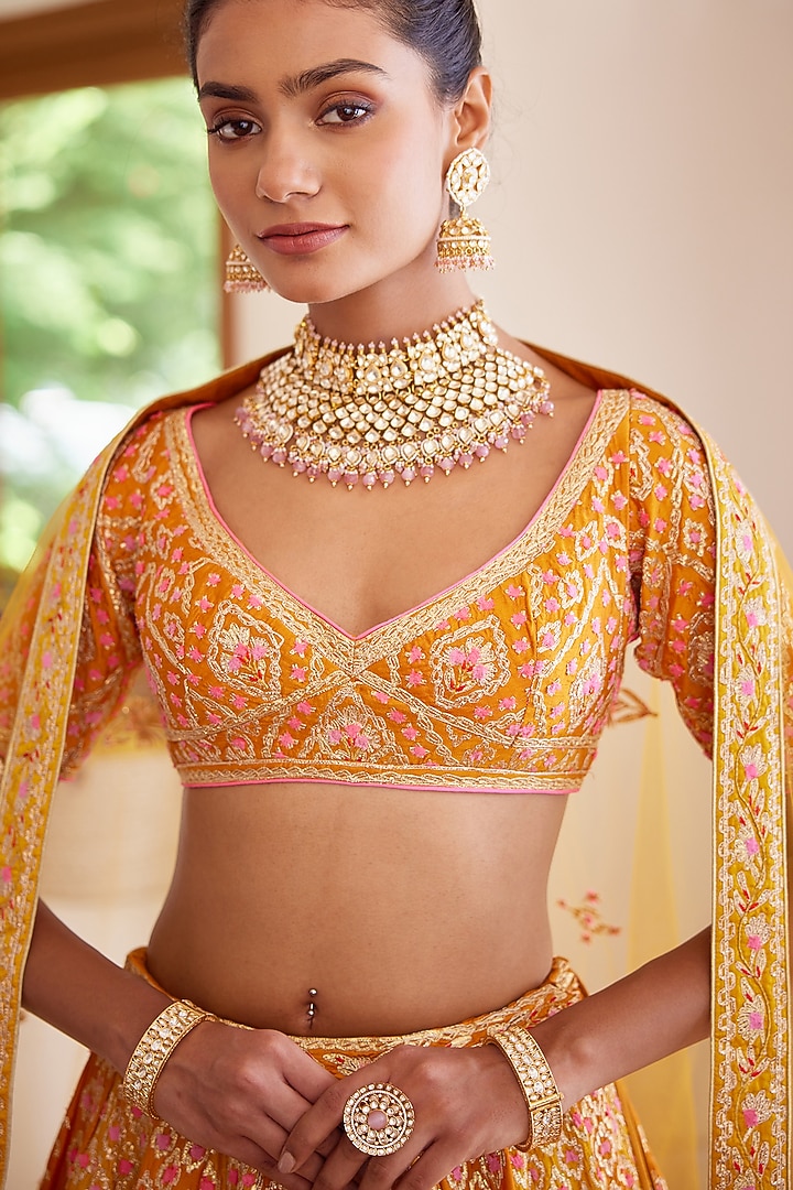 Yellow & Mustard Embroidered Wedding Lehenga Set by Shyam Narayan Prasad at Pernia's Pop Up Shop