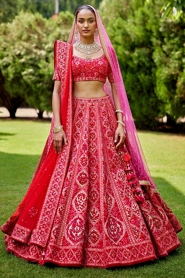 Pink & Maroon Embroidered Bridal Lehenga Set by Shyam Narayan Prasad at Pernia's Pop Up Shop