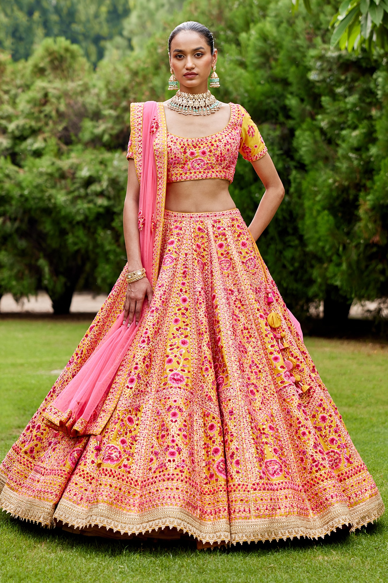 Neon Pink And Green Sequin Embroidered Blouse & Lehenga Set | Seema Gujral  – KYNAH