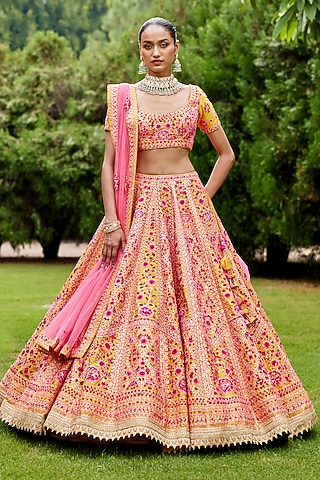 Pink & Yellow Zari Embroidered Lehenga Set by Shyam Narayan Prasad