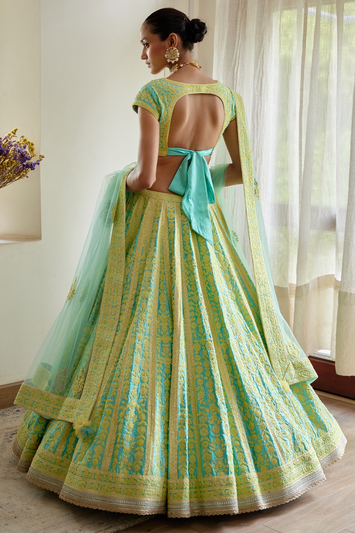 Sea green net embroidered circular lehenga choli 108043