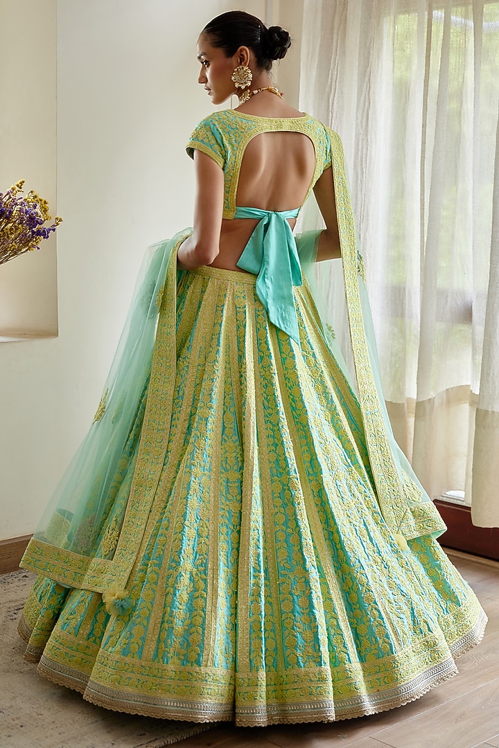 Sea Blue & Light Green Embroidered Bridal Lehenga Set by Shyam Narayan Prasad at Pernia's Pop Up Shop