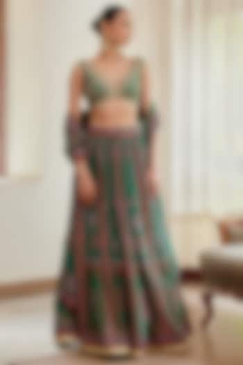 Dark Green Block Printed Wedding Lehenga Set by Shyam Narayan Prasad at Pernia's Pop Up Shop