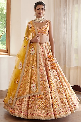 Yellow Thread Embroidered Lehenga Set by Shyam Narayan Prasad
