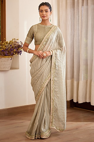 Fog Green Embroidered Saree Set by Shyam Narayan Prasad