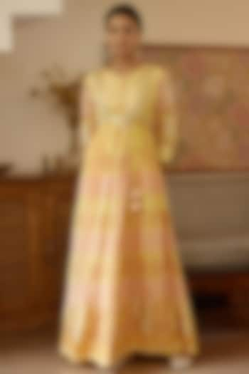 Yellow Block Printed Angrakha Anarkali Set by Shyam Narayan Prasad at Pernia's Pop Up Shop