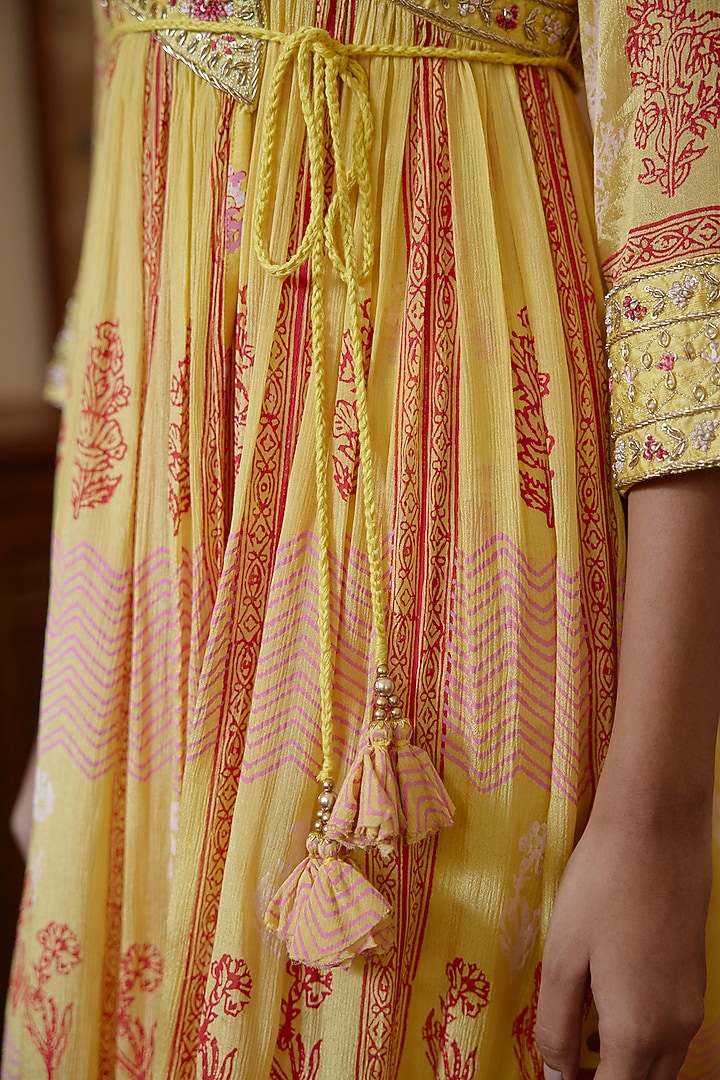Yellow Block Printed Angrakha Wedding Anarkali Set by Shyam Narayan Prasad at Pernia's Pop Up Shop