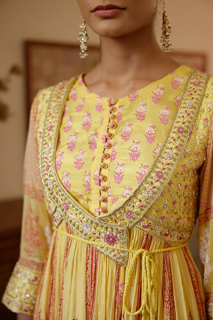 Yellow Block Printed Angrakha Wedding Anarkali Set by Shyam Narayan Prasad at Pernia's Pop Up Shop