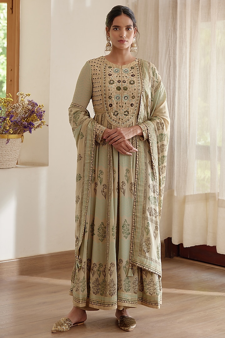 Neutral Green Block Printed Anarkali Set by Shyam Narayan Prasad at Pernia's Pop Up Shop