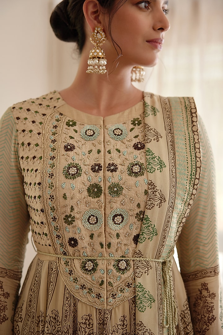 Neutral Green Block Printed Wedding Anarkali Set by Shyam Narayan Prasad at Pernia's Pop Up Shop