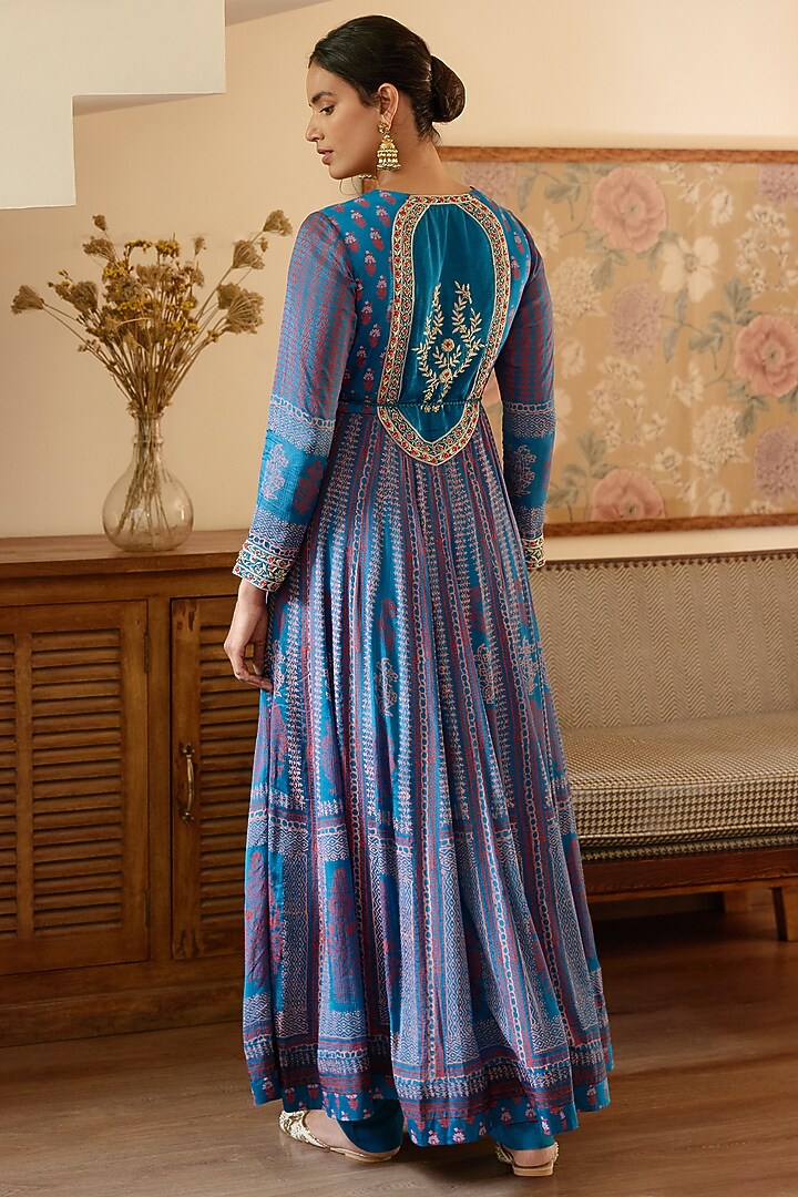 Royal Blue Block Printed Wedding Anarkali Set by Shyam Narayan Prasad at Pernia's Pop Up Shop