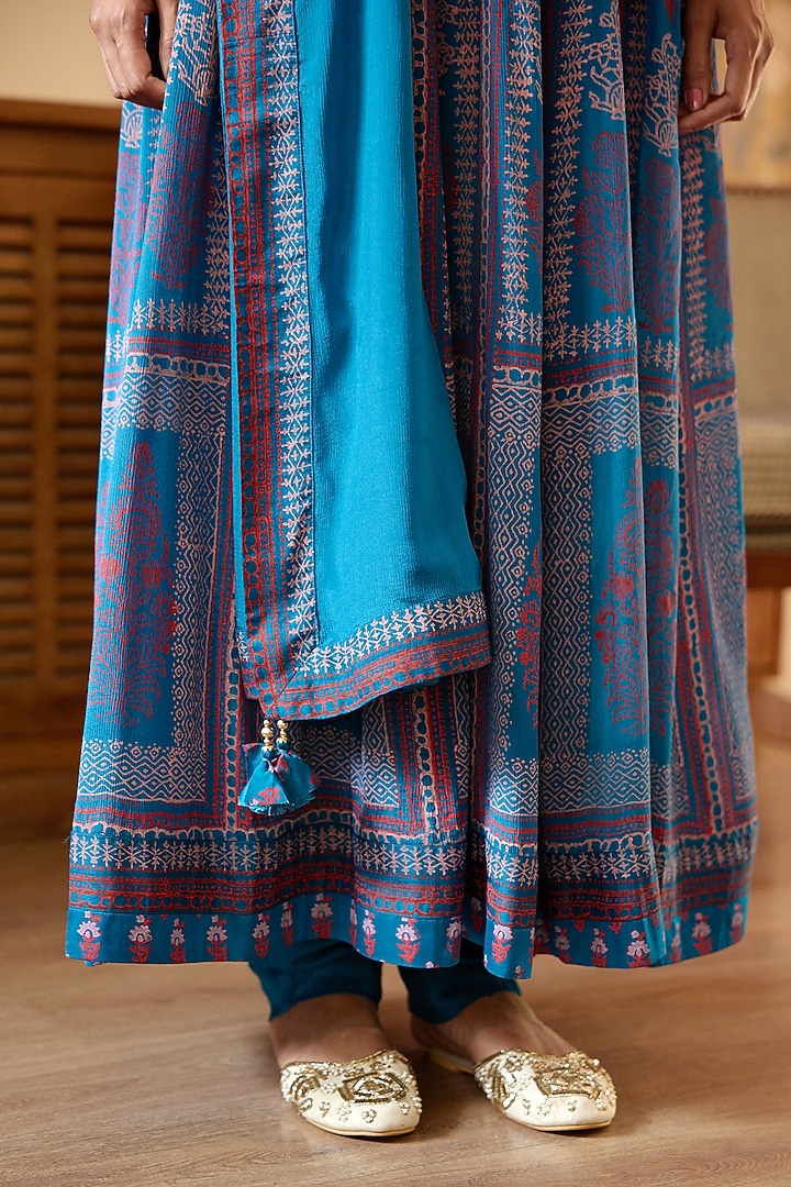 Royal Blue Block Printed Wedding Anarkali Set by Shyam Narayan Prasad at Pernia's Pop Up Shop