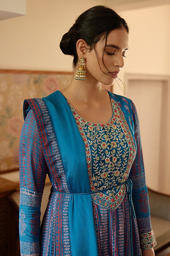 Royal Blue Block Printed Wedding Anarkali Set by Shyam Narayan Prasad at Pernia's Pop Up Shop