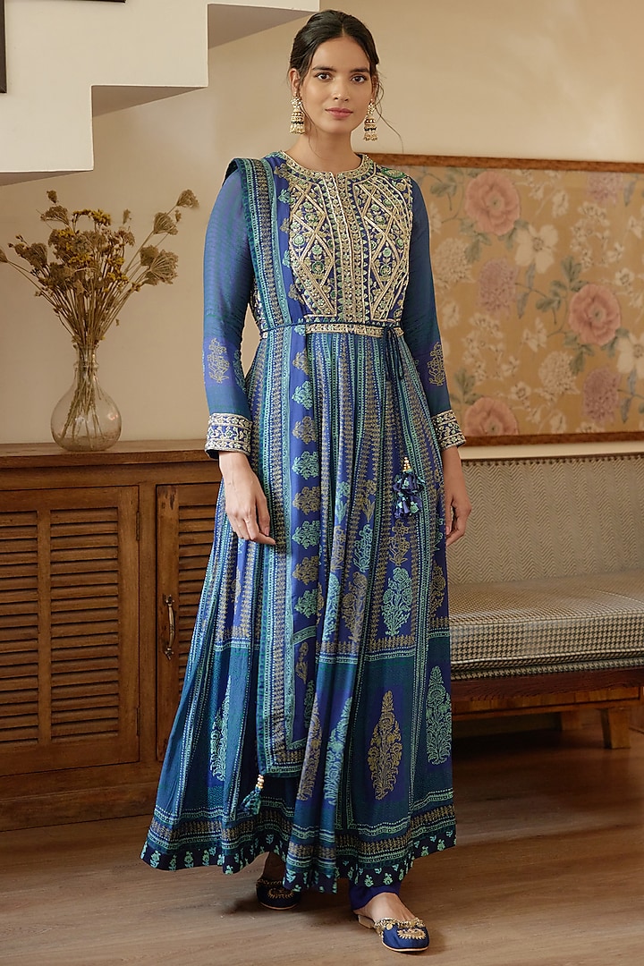 Royal Blue Block Printed & Embroidered Anarkali Set by Shyam Narayan ...