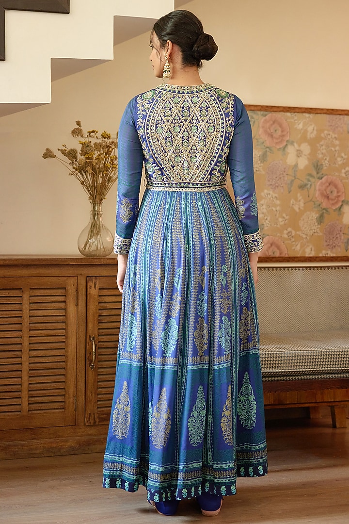 Royal Blue Block Printed & Embroidered Wedding Anarkali Set by Shyam Narayan Prasad at Pernia's Pop Up Shop