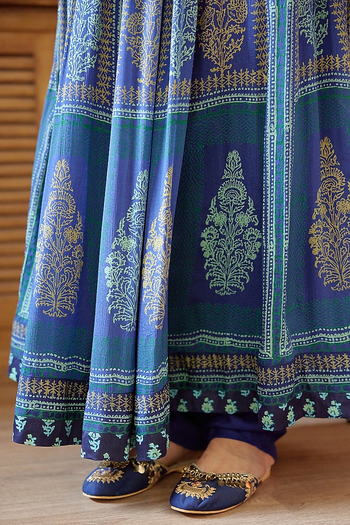 Royal Blue Block Printed & Embroidered Wedding Anarkali Set by Shyam Narayan Prasad at Pernia's Pop Up Shop