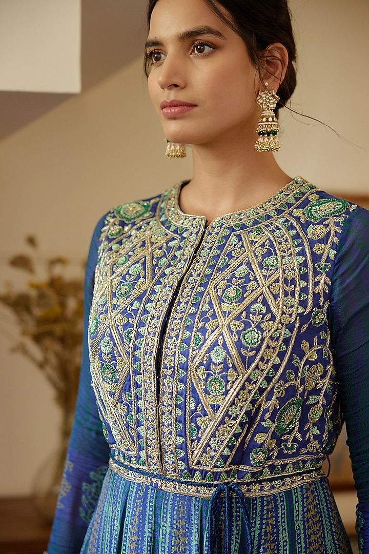 Royal Blue Block Printed & Embroidered Wedding Anarkali Set by Shyam Narayan Prasad at Pernia's Pop Up Shop